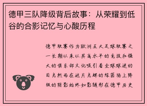 德甲三队降级背后故事：从荣耀到低谷的合影记忆与心酸历程