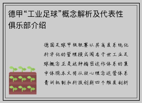 德甲“工业足球”概念解析及代表性俱乐部介绍