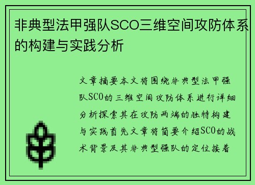 非典型法甲强队SCO三维空间攻防体系的构建与实践分析